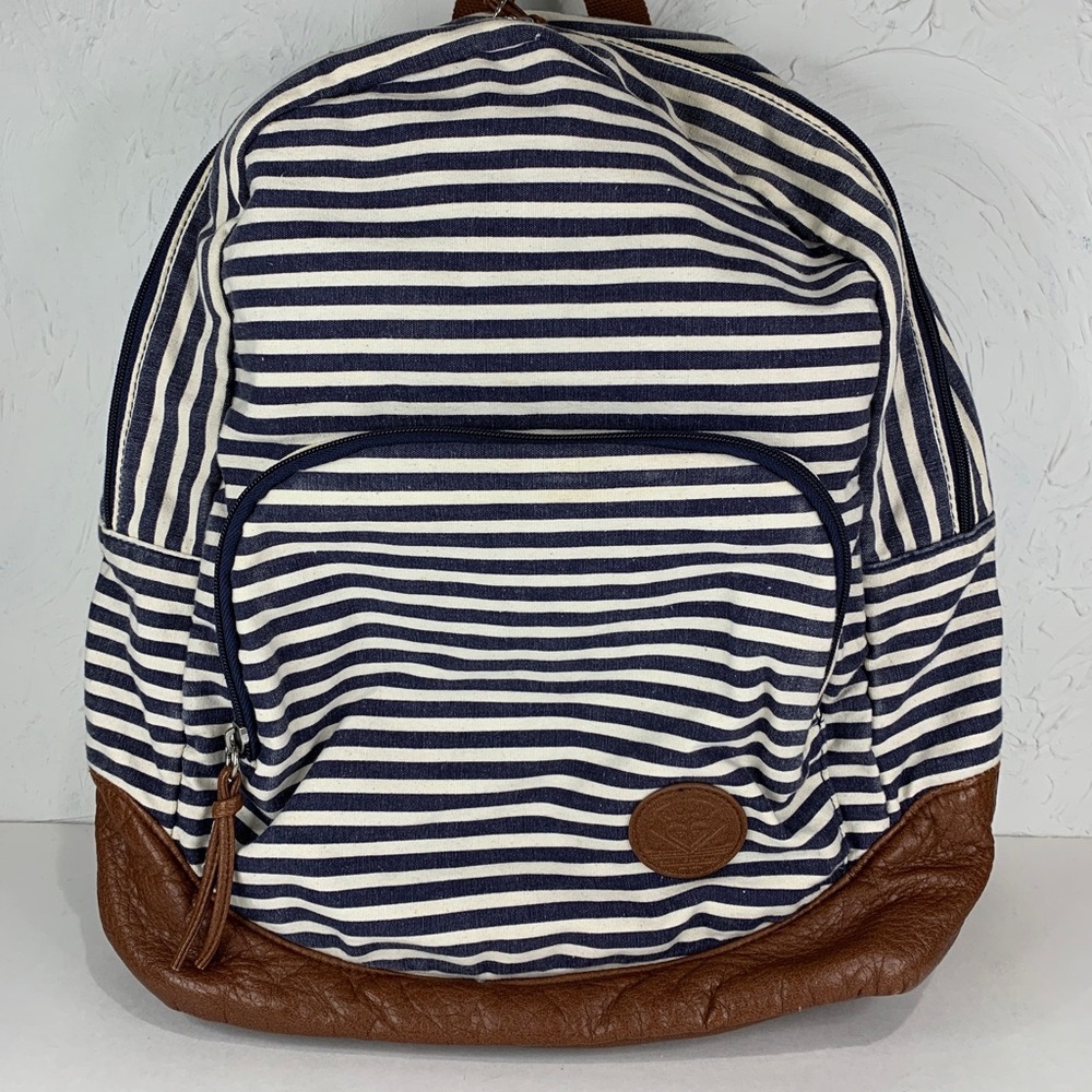 Roxy Womens Girls Full Size Backpack Book Bag Lightweight Blue White Striped